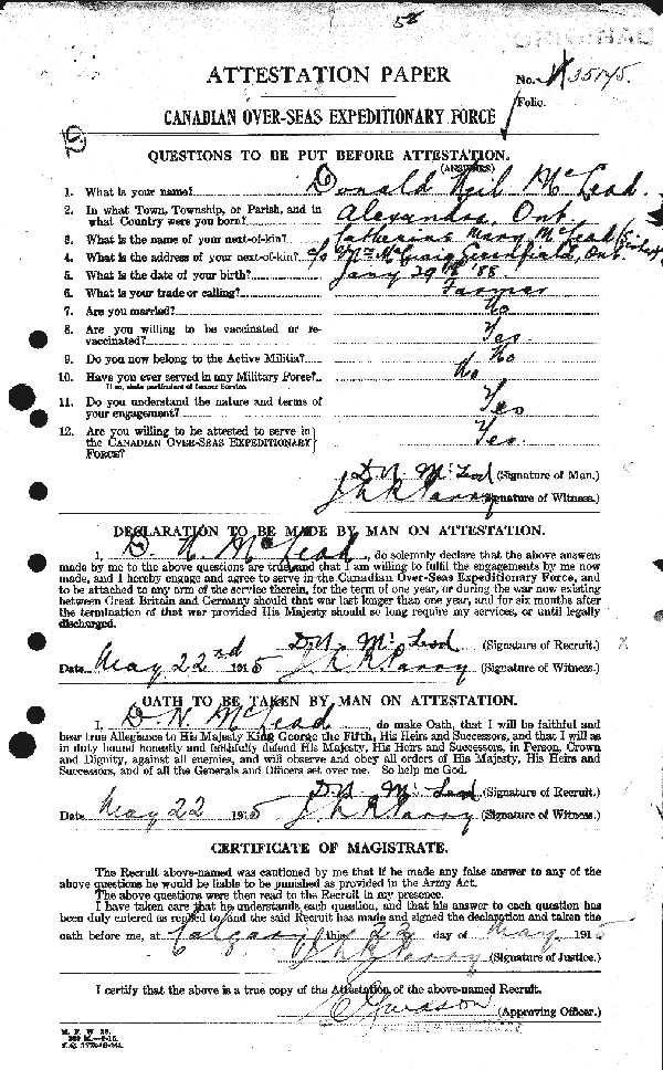 Feuille d'engagement (devant)