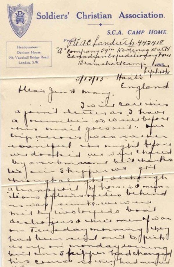 Letter written at Bramshott Camp p.1