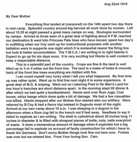 Transcription of August 22, 1916 letter
