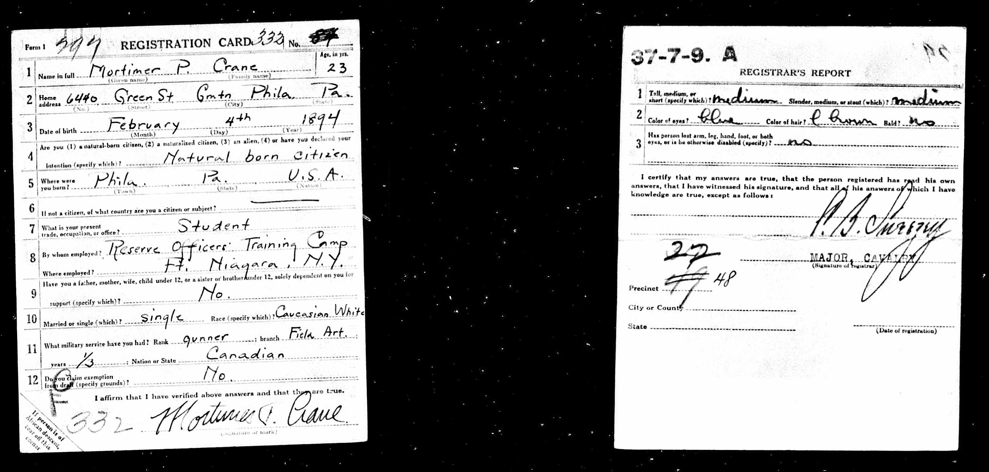 US WW1 Draft Registration Card