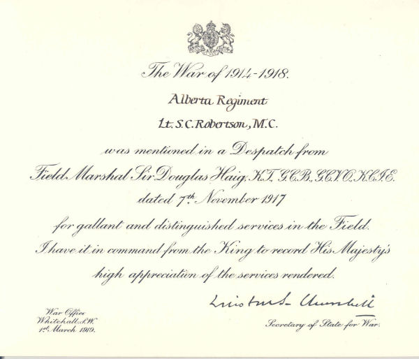 Mentioned in Despatches Certificate