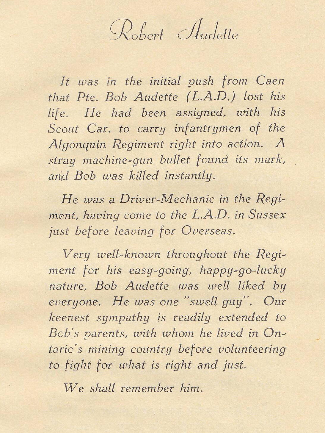 Memorial published in "S.P.", the regimental journal of the 23 Field Regiment (S.P.)