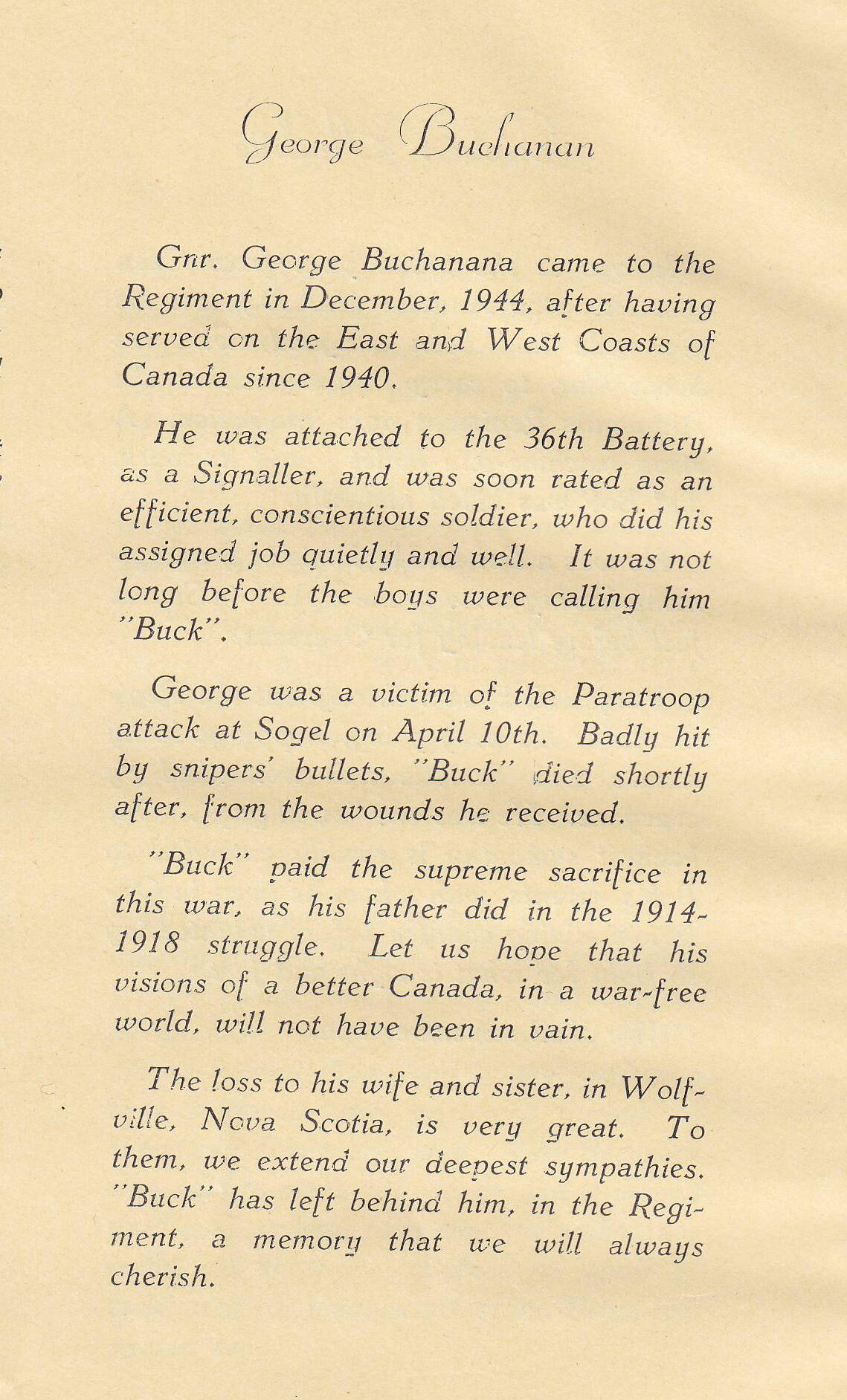 Memorial published in "S.P.", the regimental journal of the 23 Field Regiment (S.P.)