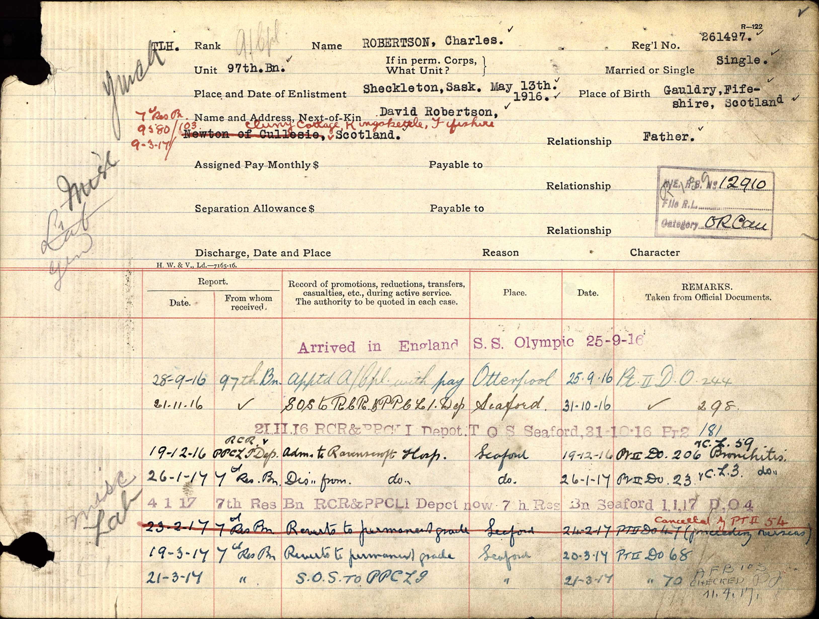 Great War (WW1) Movements for Charles Robertson - part 1