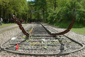 Railway ties broken and pointed to the sky.